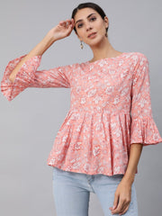 Women Pink Floral Printed Top With Three Quarter Flared Sleeves