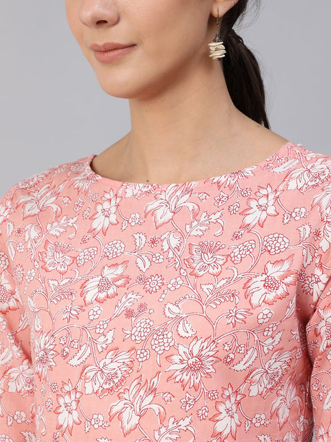Women Pink Floral Printed Top With Three Quarter Flared Sleeves