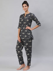 Women Grey Floral Printed Night Suit Set