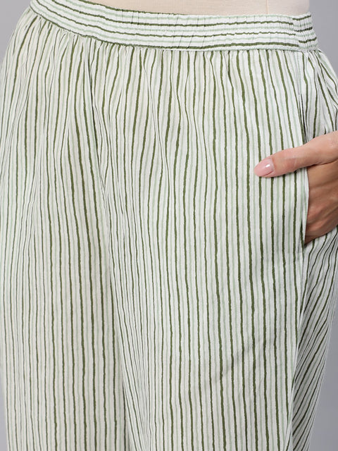 Women Green & Off-White Striped Night Suit Set