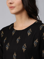 Women Black & Gold Printed Maxi Dress With Three Quarter Sleeves