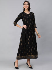 Women Black & Gold Printed Maxi Dress With Three Quarter Sleeves
