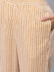 Women Mustard & Off-White Striped Night Suit Set