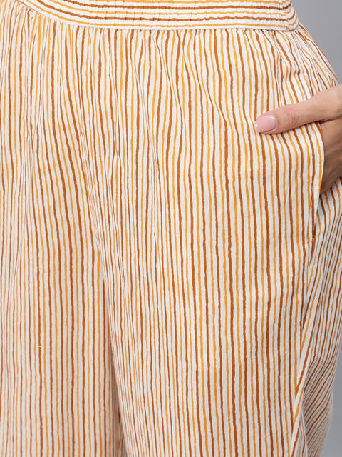 Women Mustard & Off-White Striped Night Suit Set