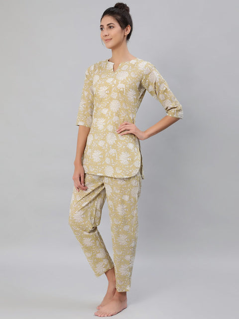 Women Olive Green Floral Printed Night Suit Set