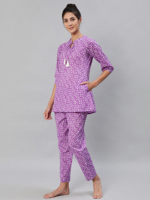 Women Purple & White Printed Pure Cotton Night Suit