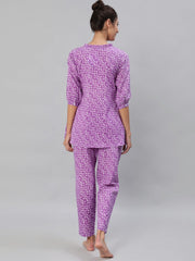 Women Purple & White Printed Pure Cotton Night Suit