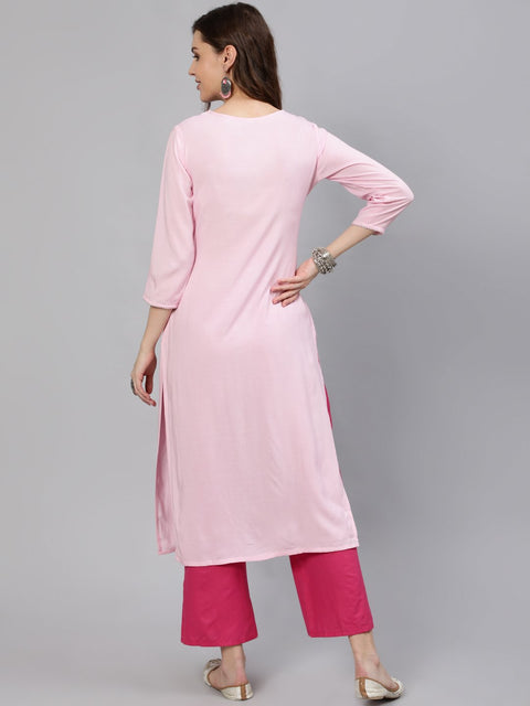 Women Pink Embroidered Straight Kurta With Three Quarter Sleeves
