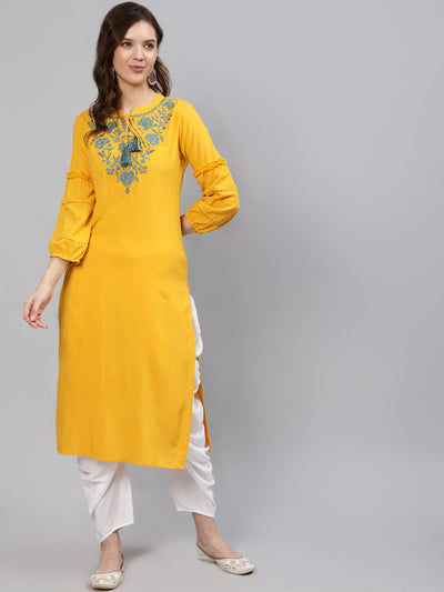 Women  Mustard Embroidered Straight Kurta With Three Quarter Sleeves