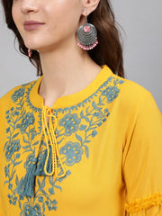 Women  Mustard Embroidered Straight Kurta With Three Quarter Sleeves