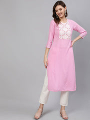 Women Pink Embroidered Straight Kurta With Three Quarter Sleeves
