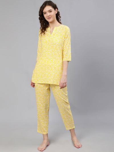 Women Yellow Printed Night Suit
