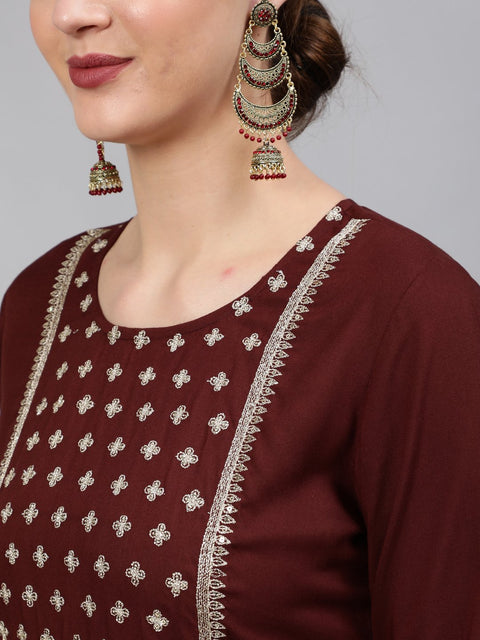 Women Brown  Sequinned Embroidered Straight Kurta With Plazo & Dupatta
