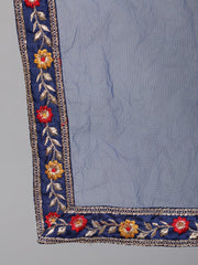 Women Blue Embroidered Straight Kurta With Plazo & Dupatta