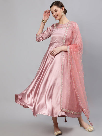 Women Pink Embroidered Maxi Dress WIth Sequuined Dupatta