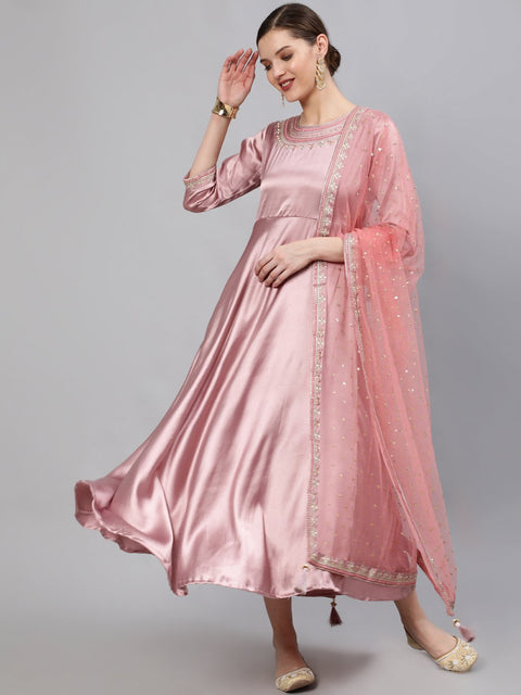 Women Pink Embroidered Maxi Dress WIth Sequuined Dupatta