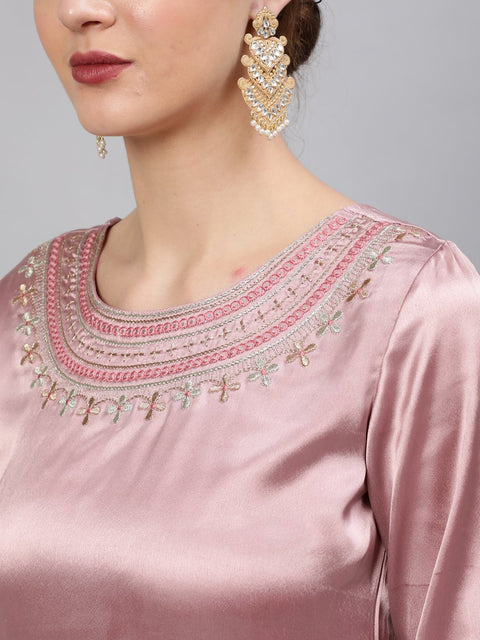 Women Pink Embroidered Maxi Dress WIth Sequuined Dupatta