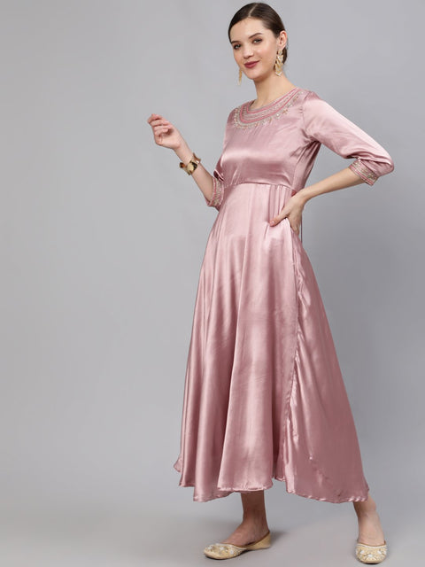 Women Pink Embroidered Maxi Dress WIth Sequuined Dupatta