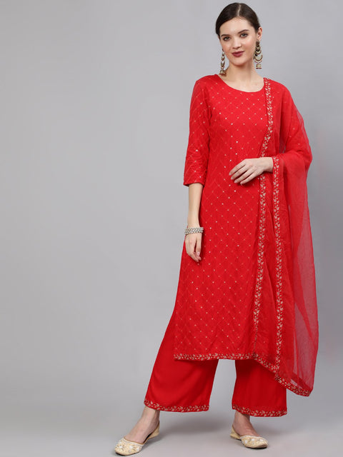 Women Red Sequinned Embroidered Straight Kurta With Plazo & Dupatta