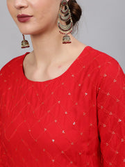 Women Red Sequinned Embroidered Straight Kurta With Plazo & Dupatta
