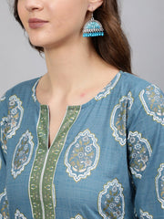 Women Blue & Gold Printed Tunic With Three Quarter Sleeves