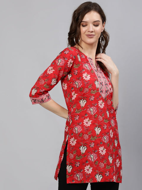 Women Red Floral Printed Tunic With Three Quarter Sleeves