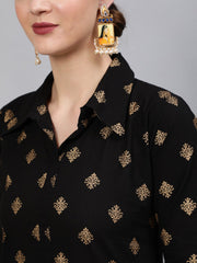 Women Black & Gold Printed Straight Kurta With Plazo