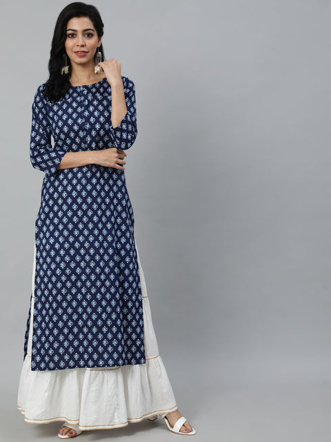 Women Navy Blue Ethnic Printed Straight Kurta With Three Quarter Sleeves