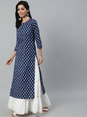 Women Navy Blue Ethnic Printed Straight Kurta With Three Quarter Sleeves