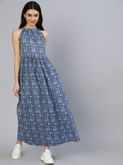 Women Blue Geometric Printed Helter Neck Dress