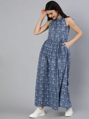 Women Blue Geometric Printed Helter Neck Dress