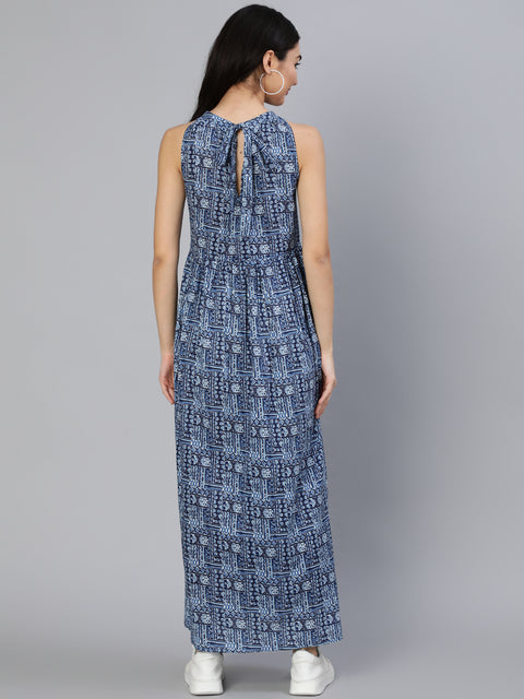 Women Blue Geometric Printed Helter Neck Dress