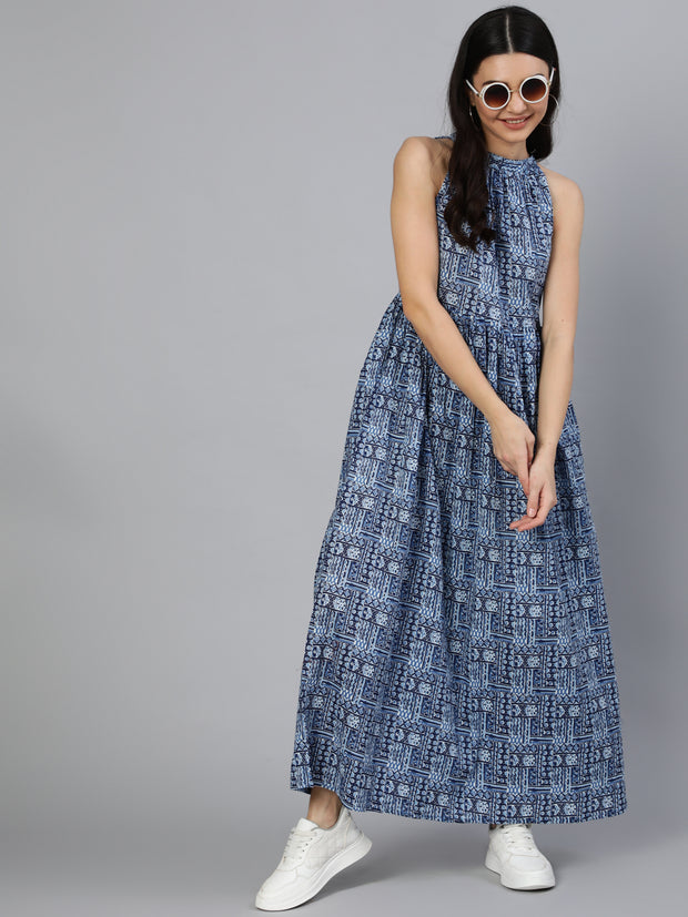 Women Blue Geometric Printed Helter Neck Dress