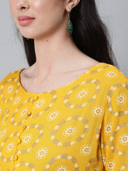 Women Yellow Ethnic Printed Flared Dress With Three Quarter Sleeves
