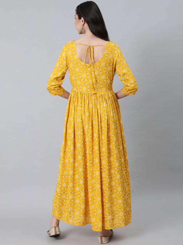 Women Yellow Ethnic Printed Flared Dress With Three Quarter Sleeves