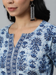 Women Blue Ethnic Motifs Printed Pleated Pure Cotton Kurta with Palazzos & Dupatta