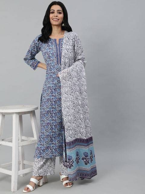 Women Blue Printed Straight Kurta With Plazo & Dupatta