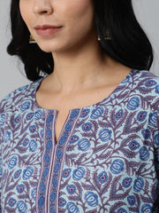 Women Blue Printed Straight Kurta With Plazo & Dupatta
