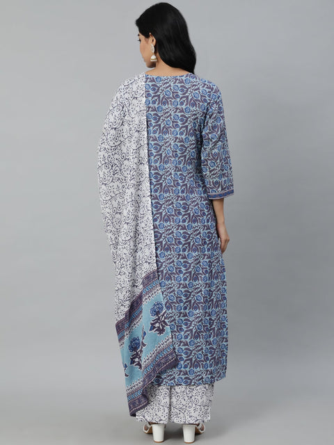 Women Blue Printed Straight Kurta With Plazo & Dupatta