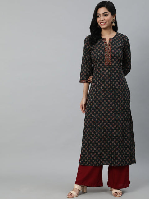 Women Green Ethnic Printed Straight Kurta With Three Quarter Sleeves