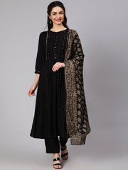 Women Black Gathered Kurta With Plazo & Dupatta