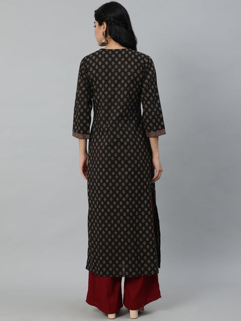 Women Brown Ethnic Printed Straight Kurta With Three Quarter Sleeves