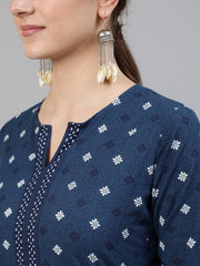 Women Navy Blue Ethnic Printed Straight Kurta With Three Quarter Sleeves