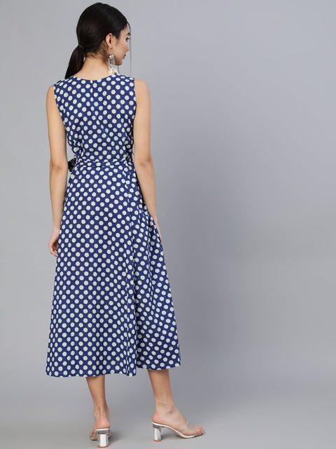 Women Blue Polka Dots Printed Sleeveless Dress With Belt