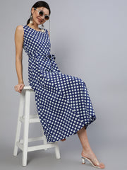 Women Blue Polka Dots Printed Sleeveless Dress With Belt