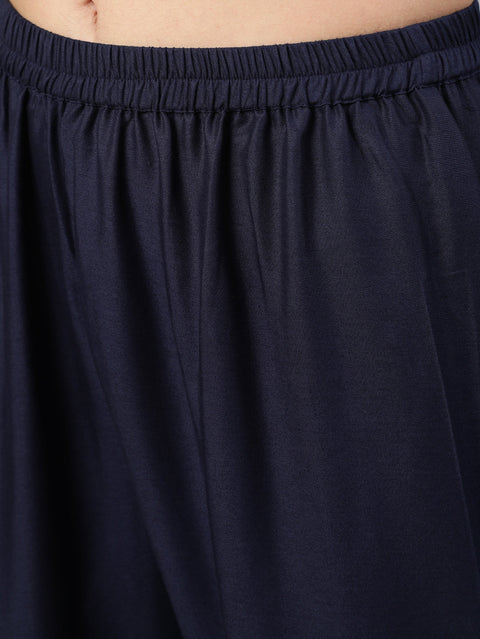 Women Navy Blue Solid Gathered Kurta With Palazzo And Sequance  Dupatta