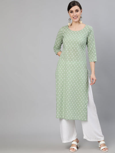 Women Sage Green Printed Straight Kurta With Three Quarter Sleevs