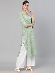 Women Sage Green Printed Straight Kurta With Three Quarter Sleevs