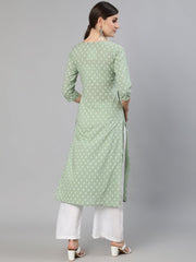 Women Sage Green Printed Straight Kurta With Three Quarter Sleevs