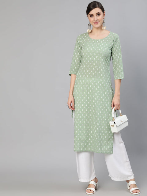Women Sage Green Printed Straight Kurta With Three Quarter Sleevs